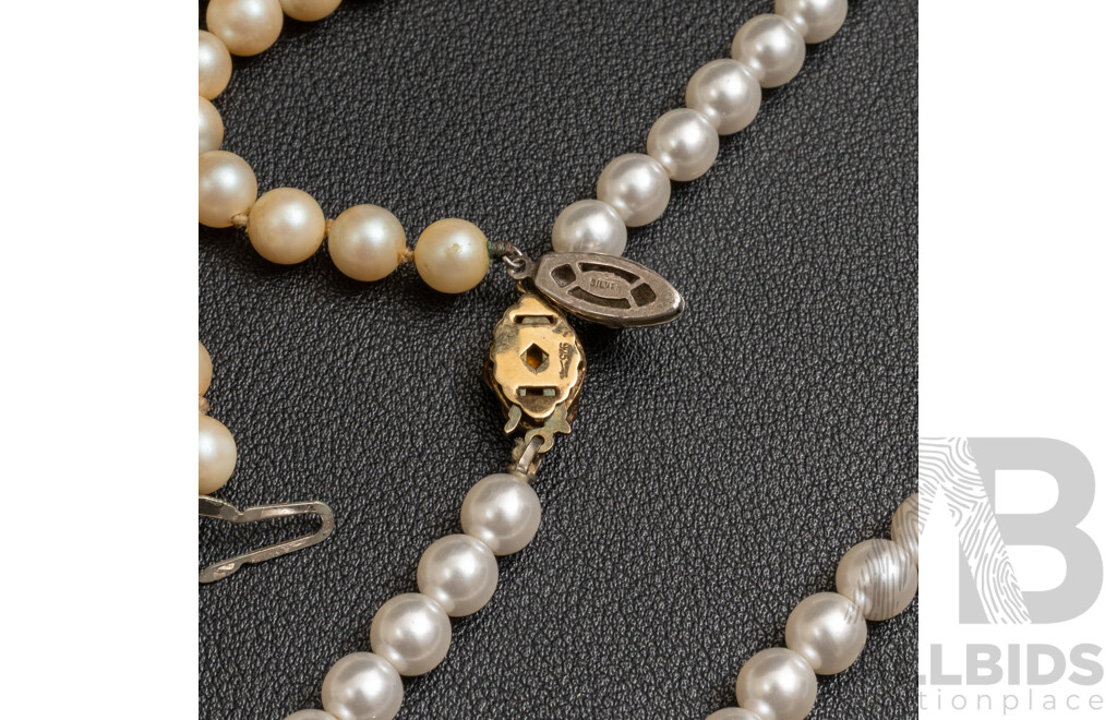 Collection of (5) Mid Century Faux Pearl Necklaces with Sterling Silver Clasps