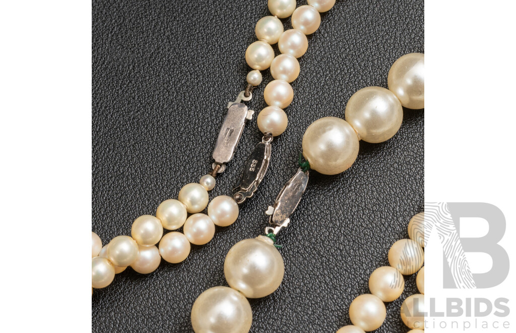 Collection of (5) Mid Century Faux Pearl Necklaces with Sterling Silver Clasps