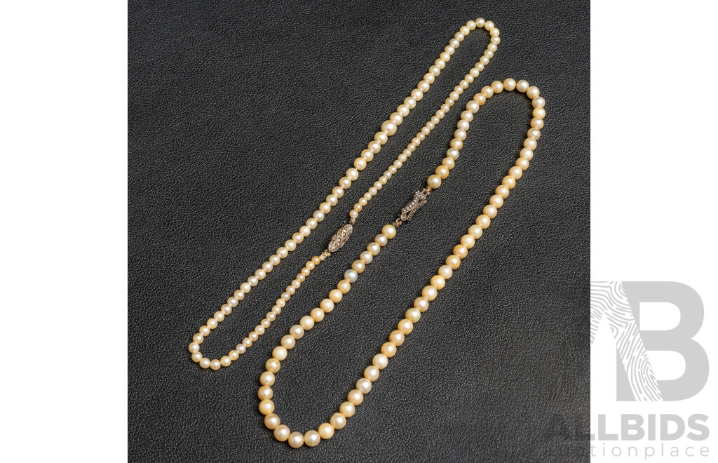 Mid Century (2) Petite Cultured Pearl Necklaces with Sterling Silver Marcasite Clasps, 38cms, Germany