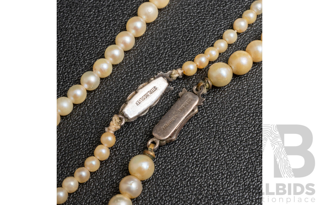 Mid Century (2) Petite Cultured Pearl Necklaces with Sterling Silver Marcasite Clasps, 38cms, Germany