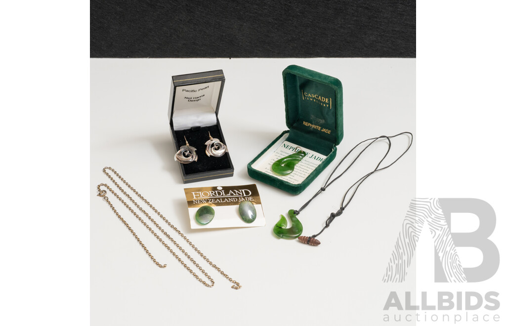 Hei Matau (2) Nephrite Jade Hand Carved Pendants & (2) Pairs of Earrings
