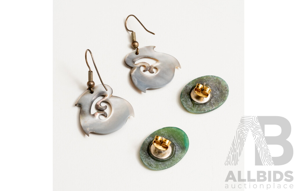 Hei Matau (2) Nephrite Jade Hand Carved Pendants & (2) Pairs of Earrings