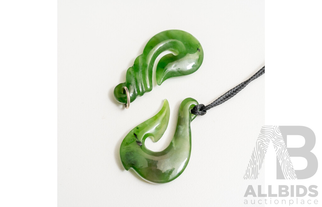 Hei Matau (2) Nephrite Jade Hand Carved Pendants & (2) Pairs of Earrings