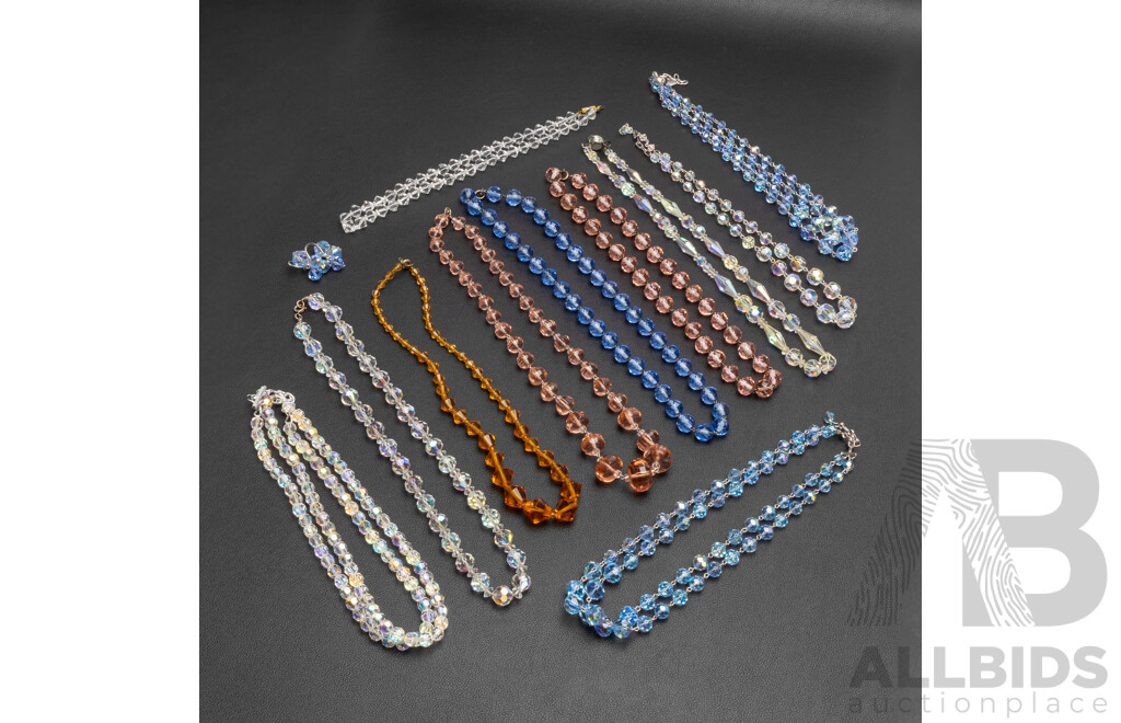 Vintage Aurora Borealis and Other Crystal Beaded Necklaces, (11) 40-48cm