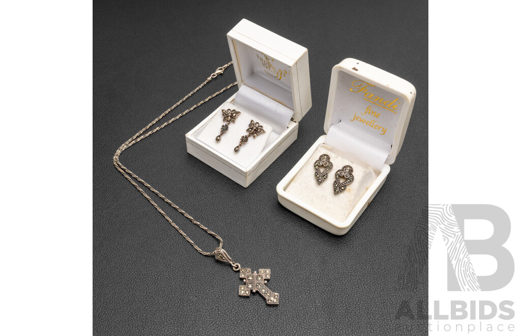 Sterling Silver Marcasite Cross Pendant on Rope Twist Chain & (2) Stud Earrings, 14.55 Grams - Boxed