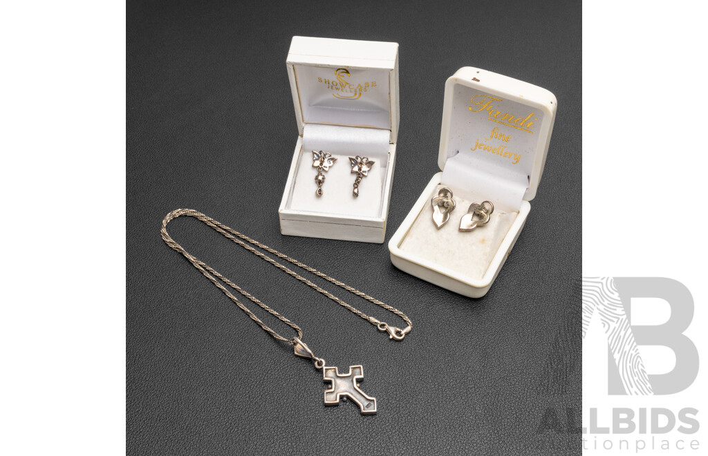 Sterling Silver Marcasite Cross Pendant on Rope Twist Chain & (2) Stud Earrings, 14.55 Grams - Boxed