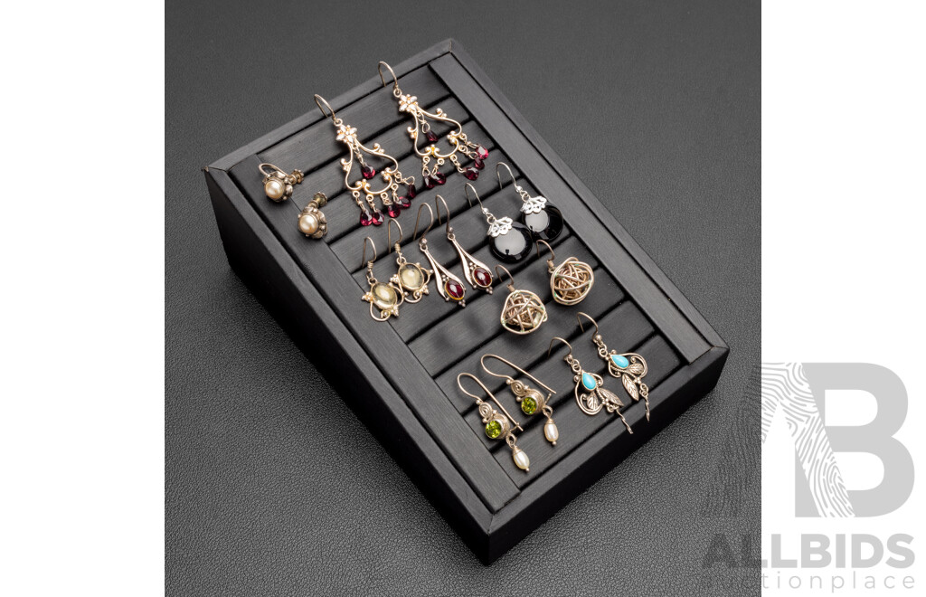 Sterling Silver Boho Style Drop Earrings with Gemstones, 8 Pairs, 29.84 Grams
