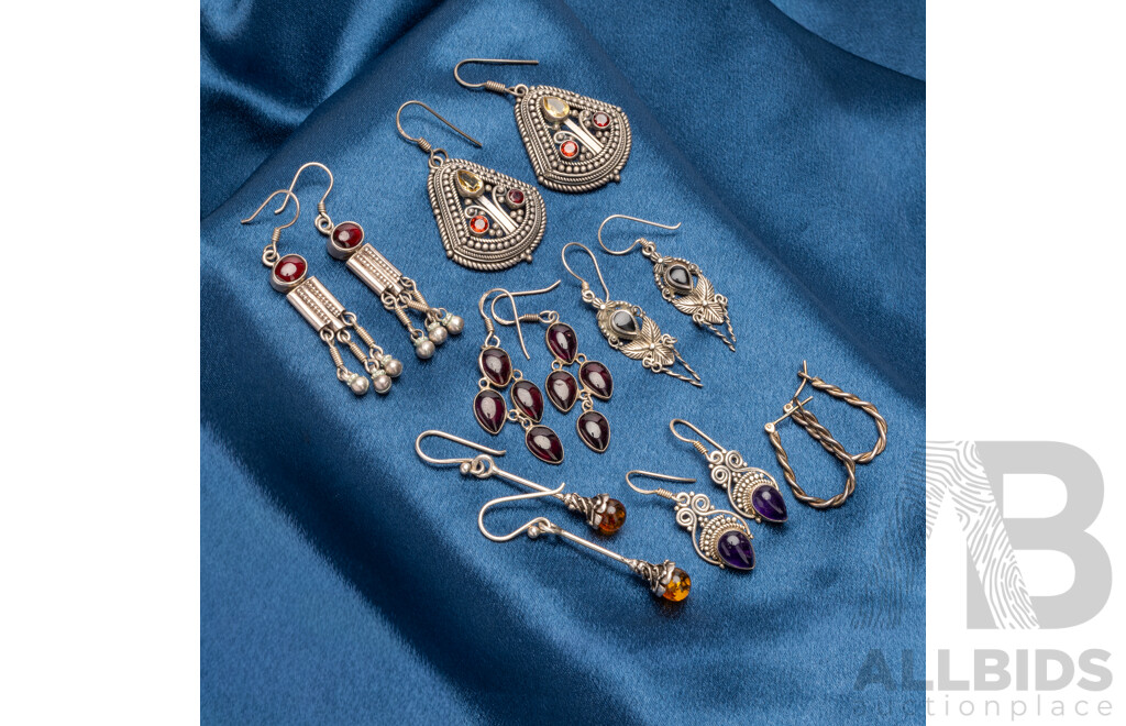 Sterling Silver Boho Style Drop Earrings with Gemstones, 7 Pairs, 43.33 Grams