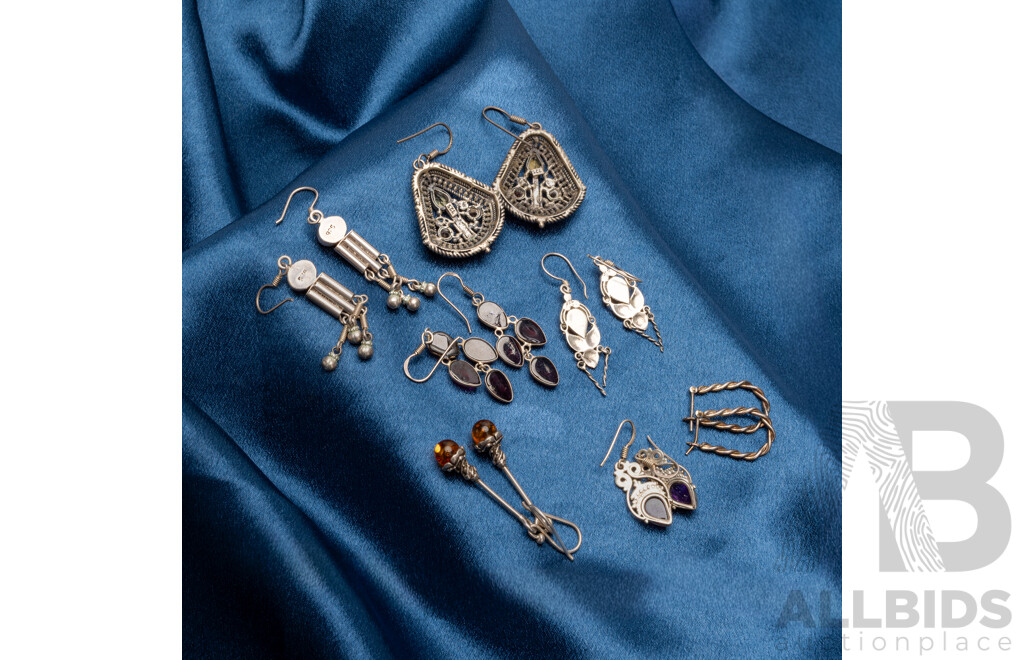 Sterling Silver Boho Style Drop Earrings with Gemstones, 7 Pairs, 43.33 Grams
