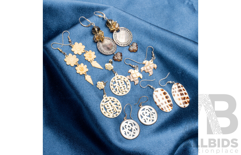 Organic Carved Drop Earrings, 6 Pairs, with Ivory, Bone, Tortoiseshell & Mother of Pearl.