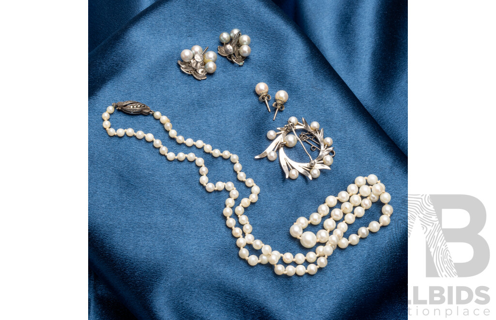 Sterling Silver Vintage 1960’s Cultured Pearl Collection with Necklace, Brooch & (2) Pairs Earrings