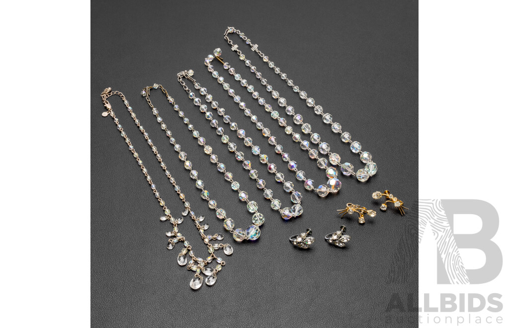Collection of (5) Vintage Aurora Borealis Beaded Necklaces & (2) Vintage Austrian Crystal Earrings