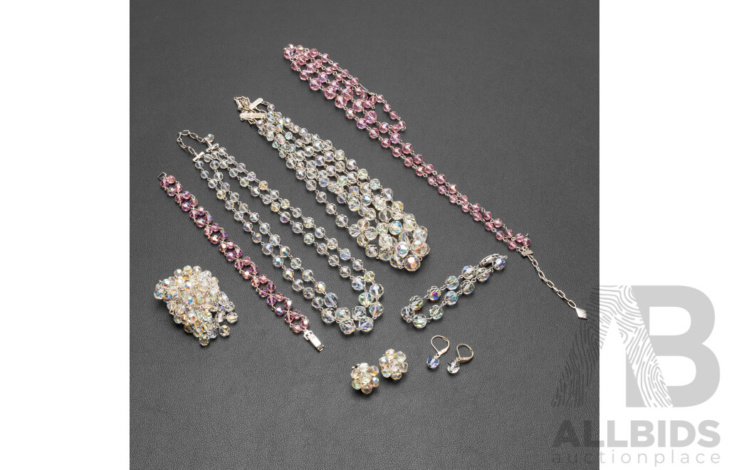 Collection of Vintage Aurora Borealis Beaded Necklaces Earrings and Bracelets.
