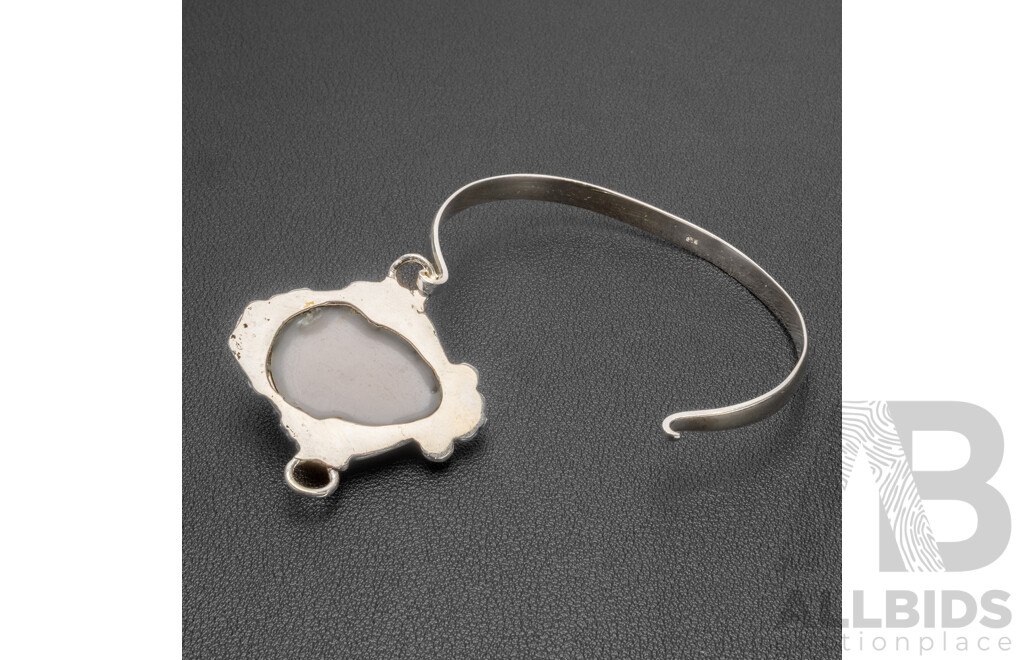Sterling Silver Cuff Bangle with Cameo & Tourmaline, 65mm, as New, 21.09gms