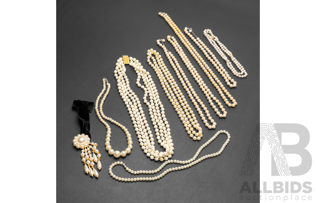 Vintage Collection of (10) Glass and Faux Pearl Necklaces in Various Lengths, Including Sterling Silver and Marcasite Clasps