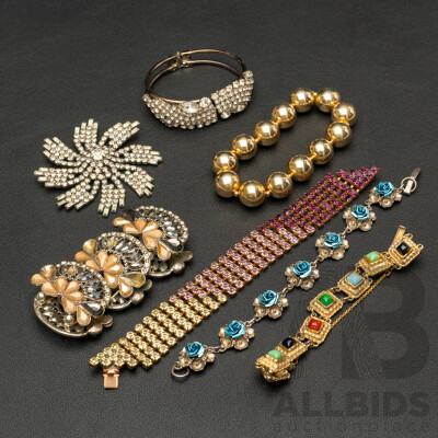 Collection of (6) Vintage Bracelets & Large Vintage Rhinestone Brooch