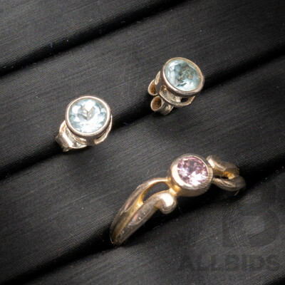 Sterling Silver Topaz Stud Earrings & Sterling Silver Pink Cz Ring, as New with Presentation Boxes, 2.89 Grams
