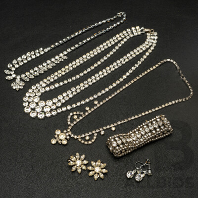 Vintage (3) Diamonté Paste Stone Necklaces & Diamonté Paste Stone Bracelet & (2) pairs clip on earrings