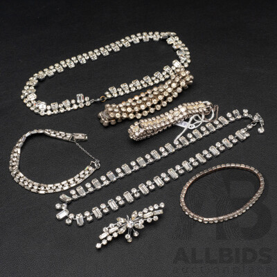 Vintage (2) Diamonté Paste Stone Necklaces & (3) Diamonté Paste Stone Bracelet & brooch