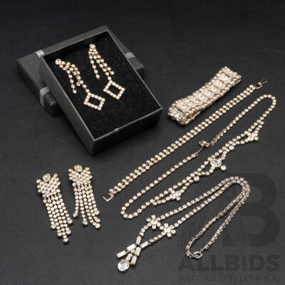 Vintage (2) Diamonté Paste Stone Necklaces & (2) Diamonté Paste Stone Bracelet & (2) pairs diamonte earrings