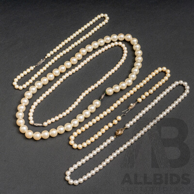 Collection of (5) Mid Century Faux Pearl Necklaces with Sterling Silver Clasps