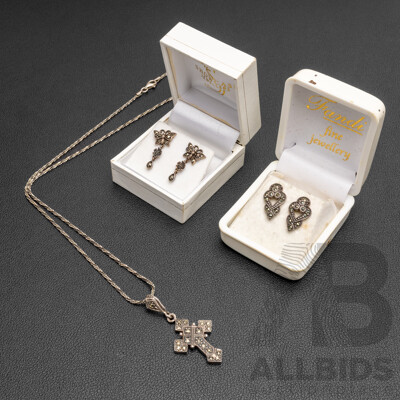 Sterling Silver Marcasite Cross Pendant on Rope Twist Chain & (2) Stud Earrings, 14.55 Grams - Boxed
