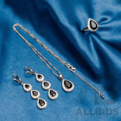 Sterling Silver Gem Set Collection, with Ring, Earrings & Necklace, 20.56 Grams
