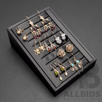 Sterling Silver Boho Style Drop Earrings with Gemstones, 8 Pairs, 29.84 Grams