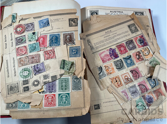 Album of Antique/Vintage International Stamps Including Australian Colonial, Predecimal, QV, KEVII, KGV, KGVI, Hand Cancels, Overprints and Much More with Box of Stamps on Paper
