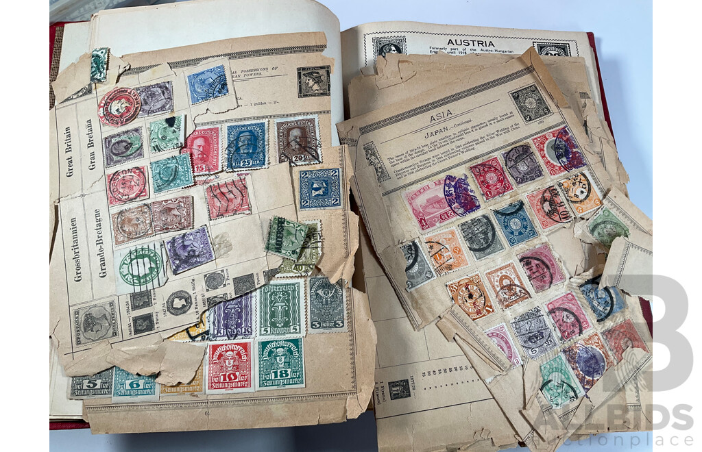 Album of Antique/Vintage International Stamps Including Australian Colonial, Predecimal, QV, KEVII, KGV, KGVI, Hand Cancels, Overprints and Much More with Box of Stamps on Paper