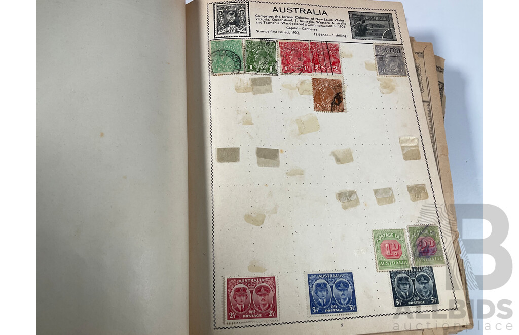 Album of Antique/Vintage International Stamps Including Australian Colonial, Predecimal, QV, KEVII, KGV, KGVI, Hand Cancels, Overprints and Much More with Box of Stamps on Paper