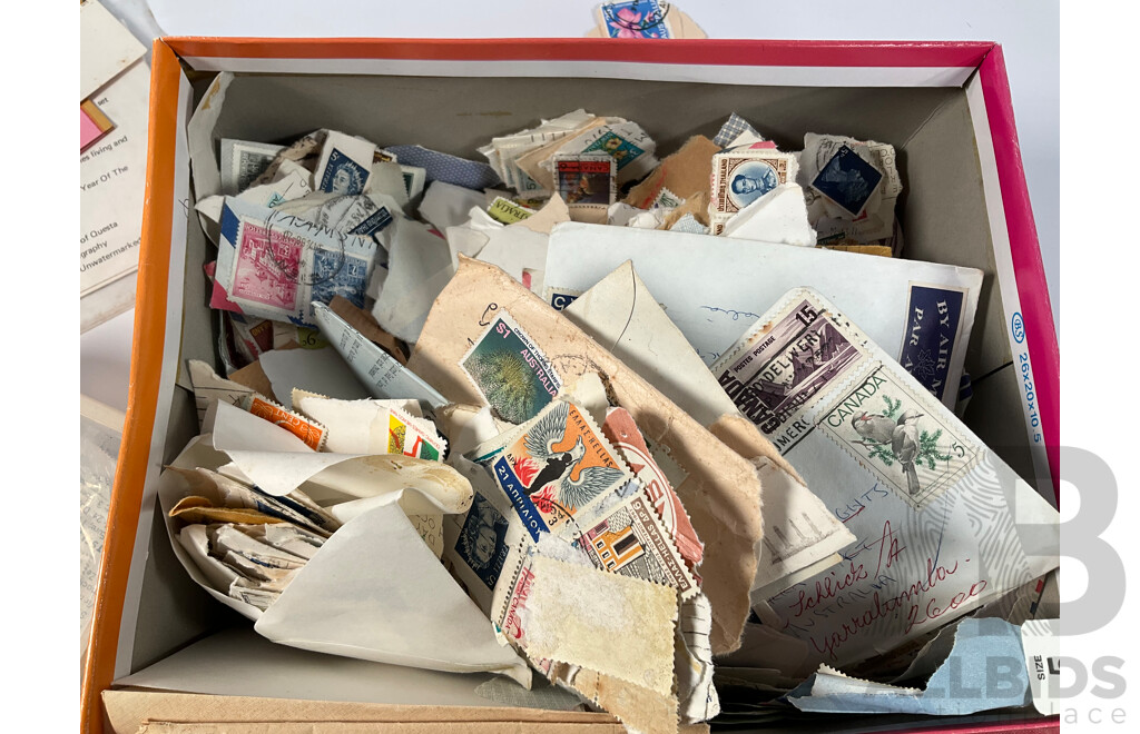 Album of Antique/Vintage International Stamps Including Australian Colonial, Predecimal, QV, KEVII, KGV, KGVI, Hand Cancels, Overprints and Much More with Box of Stamps on Paper