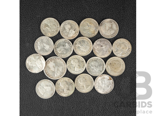 Seventeen Australian Silver Threepence Spanning 1912 to 1963 with 1921 Sixpence