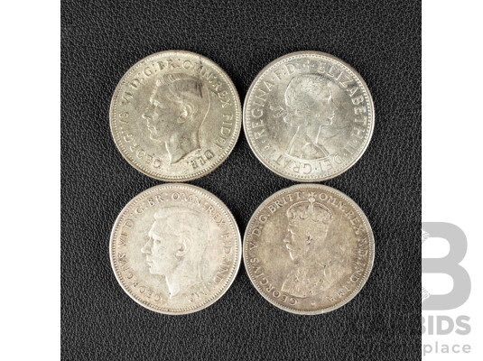 Four Australian Silver Florins Including 1927, 1941, Commemorative 1951 Federation and 1954 Royal Visit