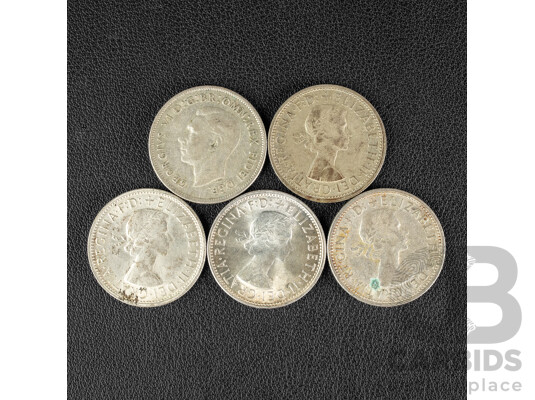 Five Australian Silver Florins Including 1951, 1956 1958(3) .500