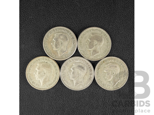 Five Australian 1947 Silver Florins .500
