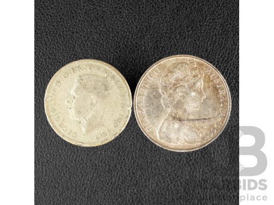 Australian 1966 Round Silver Fifty Cent Coin with 1946 Silver Florin