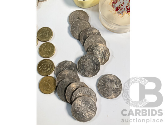 Collection of Australian Coins Including Commemorative One Dollars, 1986 Year of Peace, 1988 Aboriginal Kangaroo, Commemorative Fifty Cents, Three Australian Coin Catalogues 1965, 1966, 1978