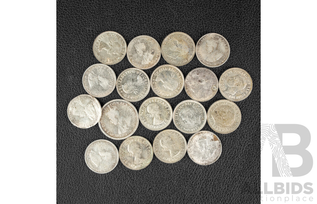 Seventeen Australian Silver Threepence Spanning 1912 to 1963 with 1921 Sixpence