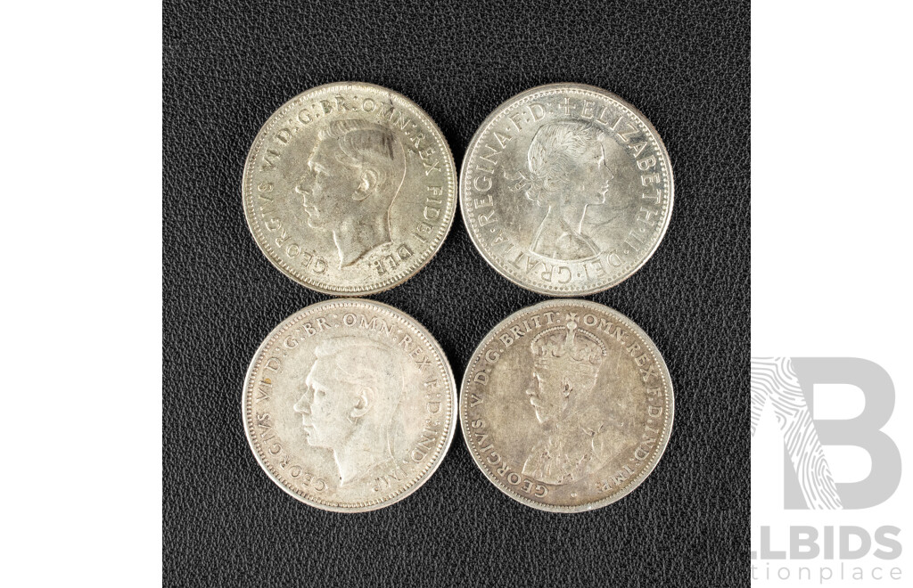Four Australian Silver Florins Including 1927, 1941, Commemorative 1951 Federation and 1954 Royal Visit