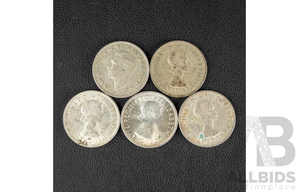 Five Australian Silver Florins Including 1951, 1956 1958(3)  .500