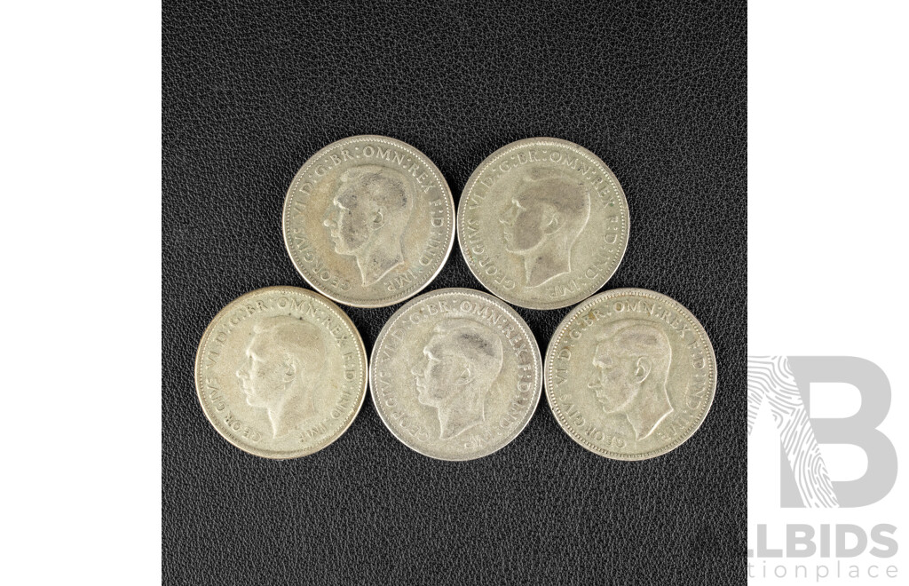Five Australian 1947 Silver Florins .500