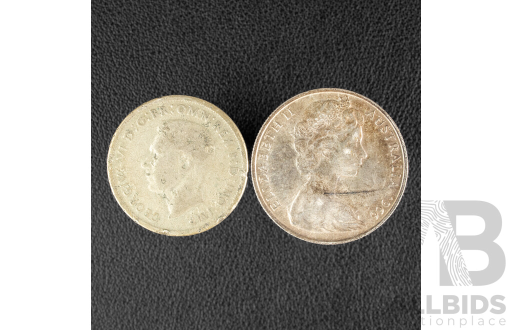 Australian 1966 Round Silver Fifty Cent Coin with 1946 Silver Florin