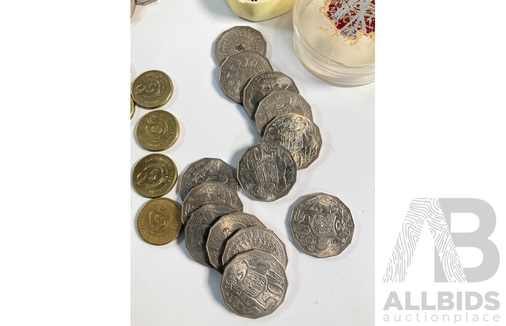 Collection of Australian Coins Including Commemorative One Dollars, 1986 Year of Peace, 1988 Aboriginal Kangaroo, Commemorative Fifty Cents, Three Australian Coin Catalogues 1965, 1966, 1978