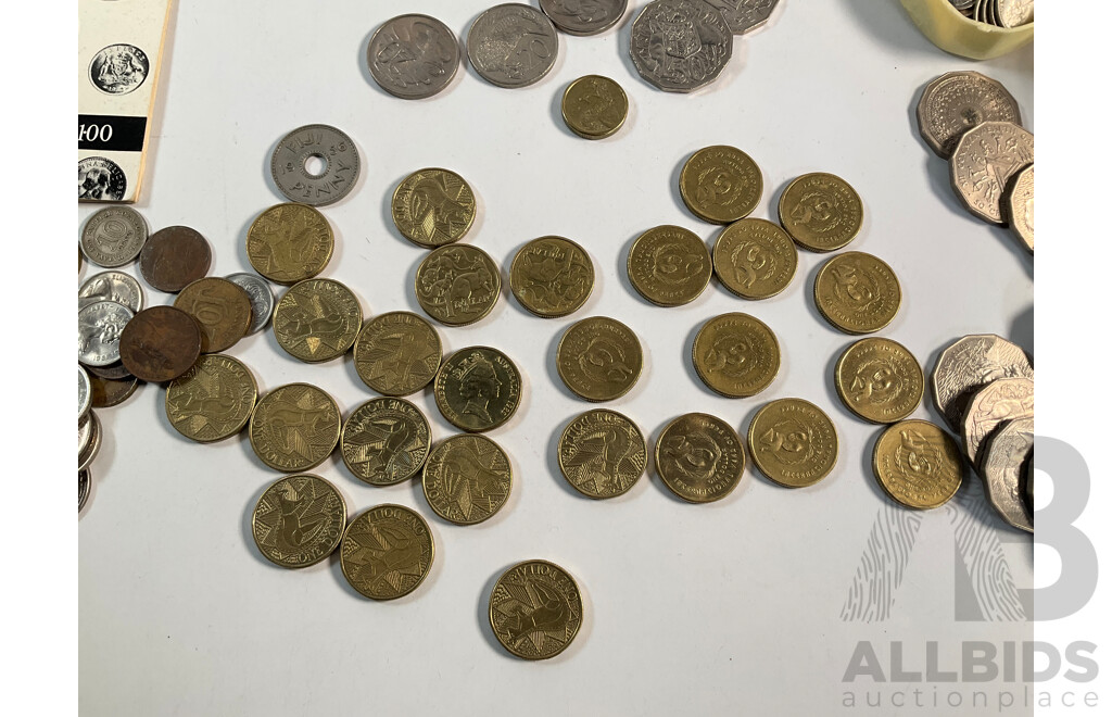 Collection of Australian Coins Including Commemorative One Dollars, 1986 Year of Peace, 1988 Aboriginal Kangaroo, Commemorative Fifty Cents, Three Australian Coin Catalogues 1965, 1966, 1978