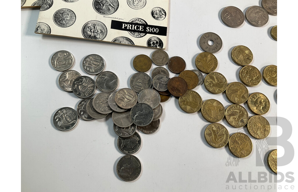 Collection of Australian Coins Including Commemorative One Dollars, 1986 Year of Peace, 1988 Aboriginal Kangaroo, Commemorative Fifty Cents, Three Australian Coin Catalogues 1965, 1966, 1978