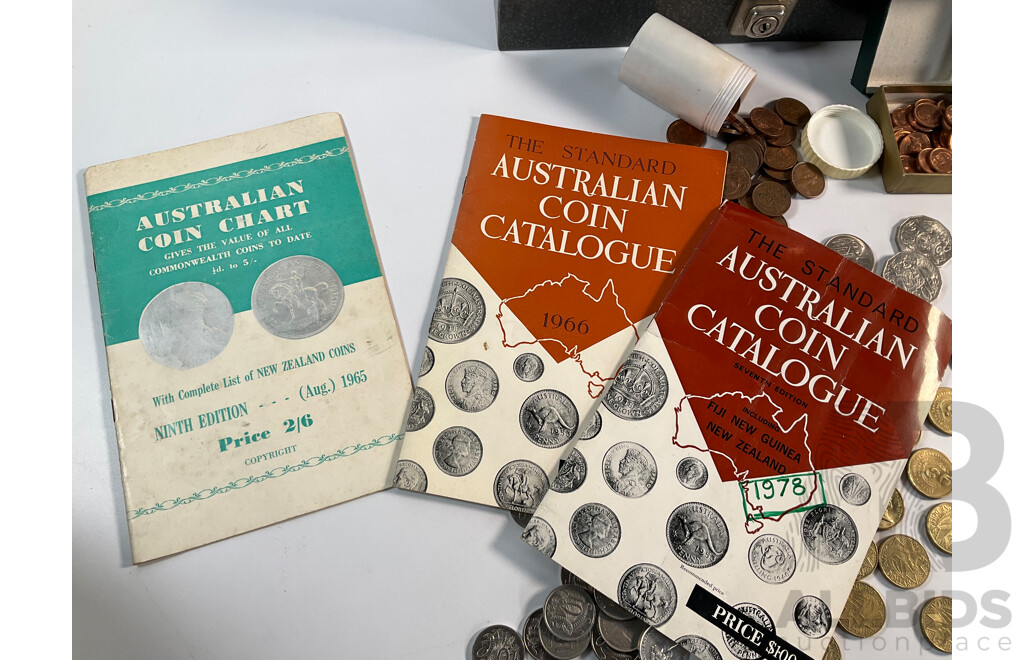 Collection of Australian Coins Including Commemorative One Dollars, 1986 Year of Peace, 1988 Aboriginal Kangaroo, Commemorative Fifty Cents, Three Australian Coin Catalogues 1965, 1966, 1978
