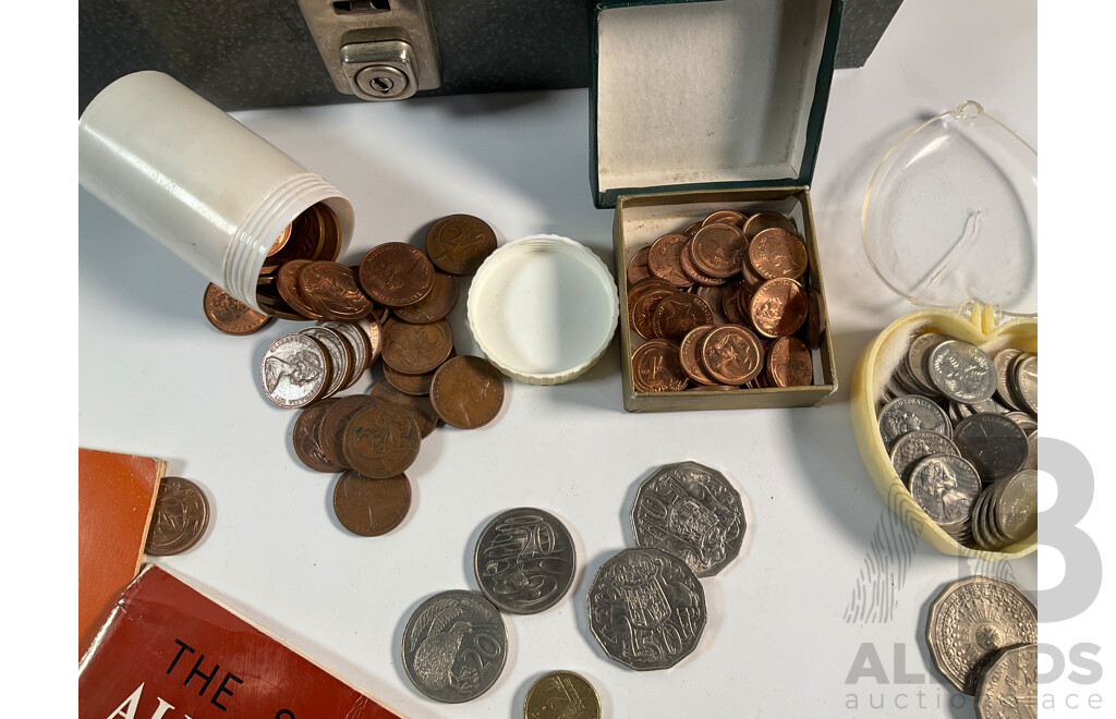 Collection of Australian Coins Including Commemorative One Dollars, 1986 Year of Peace, 1988 Aboriginal Kangaroo, Commemorative Fifty Cents, Three Australian Coin Catalogues 1965, 1966, 1978