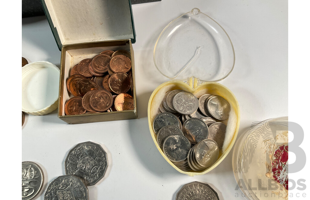 Collection of Australian Coins Including Commemorative One Dollars, 1986 Year of Peace, 1988 Aboriginal Kangaroo, Commemorative Fifty Cents, Three Australian Coin Catalogues 1965, 1966, 1978