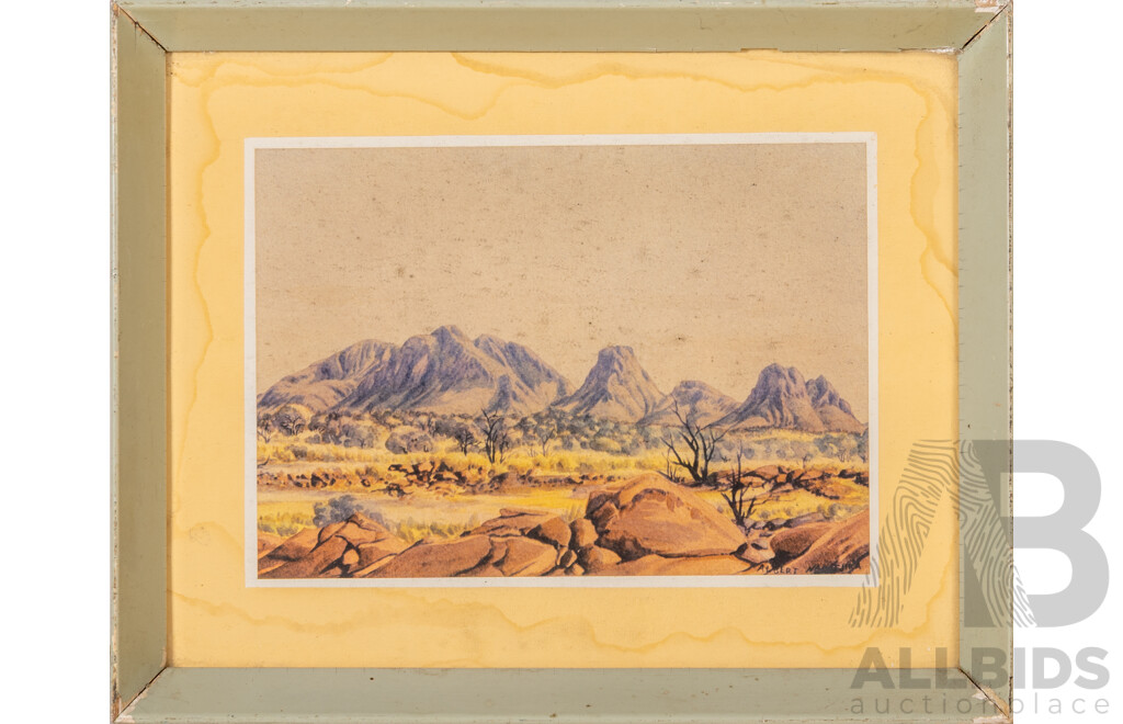Albert Namatjira (20th Century, Indigenous-Australian, 1902-1959), Haast Bluff Range, Western MacDonnells, Wonderful Miniature Reproduction Print After Original Watercolour, 20 x 25 cm (frame)